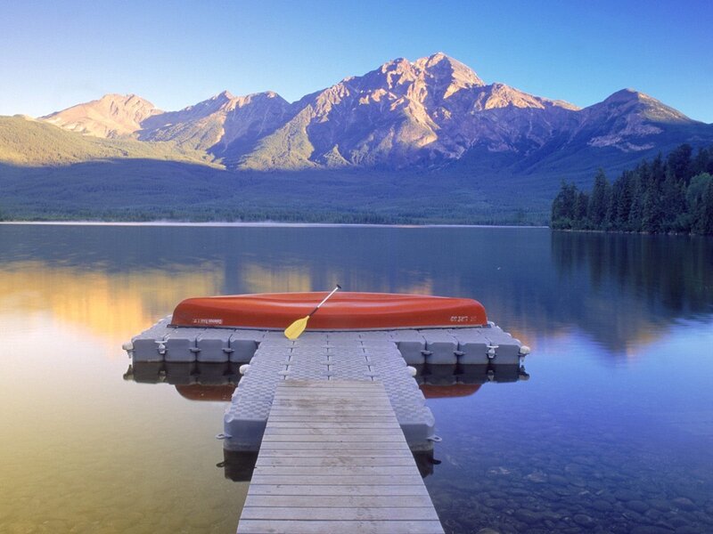 Red Canoe on Dock — Blue