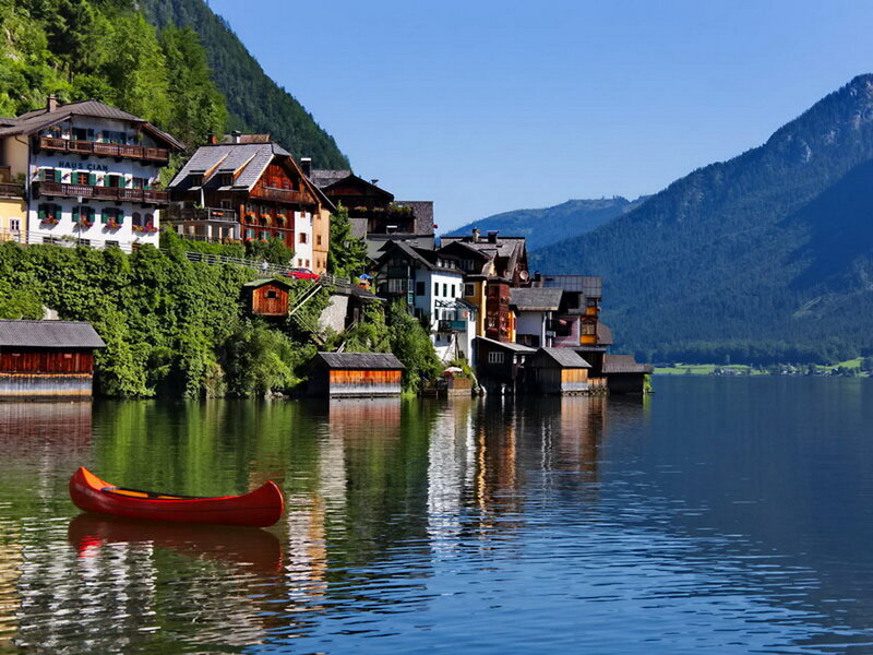 Red Canoe on Lake — Blue, Serene, Afternoon