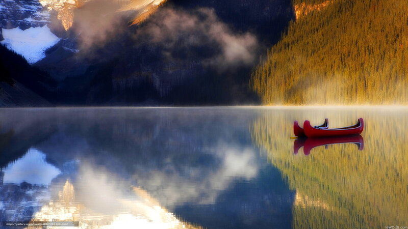 Red Canoe on Lake — Blue, Serene, Morning, Photograph, Mountain, Forest