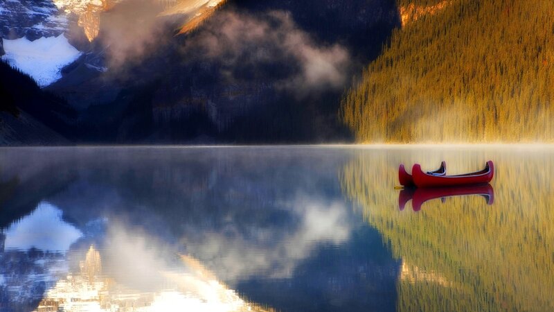 Red Canoe on Lake — Blue, Serene, Morning, Photograph, Mountain