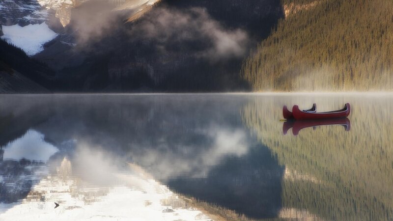 Red Canoe on Lake — Blue, Serene, Morning, Photograph