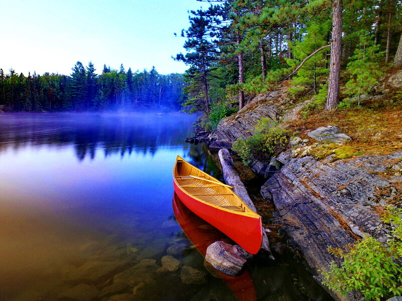 Red Canoe on Lake — Blue, Serene, Morning