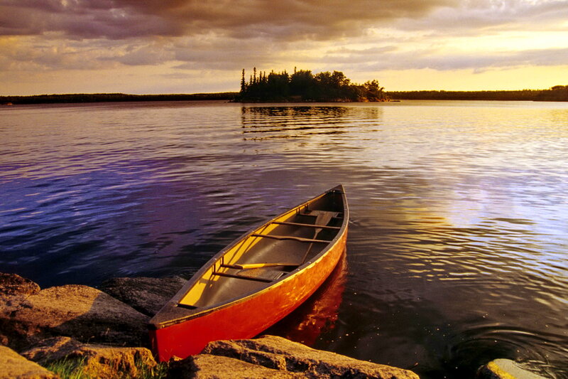 Red Canoe on Lake — Blue, Serene, Sunset
