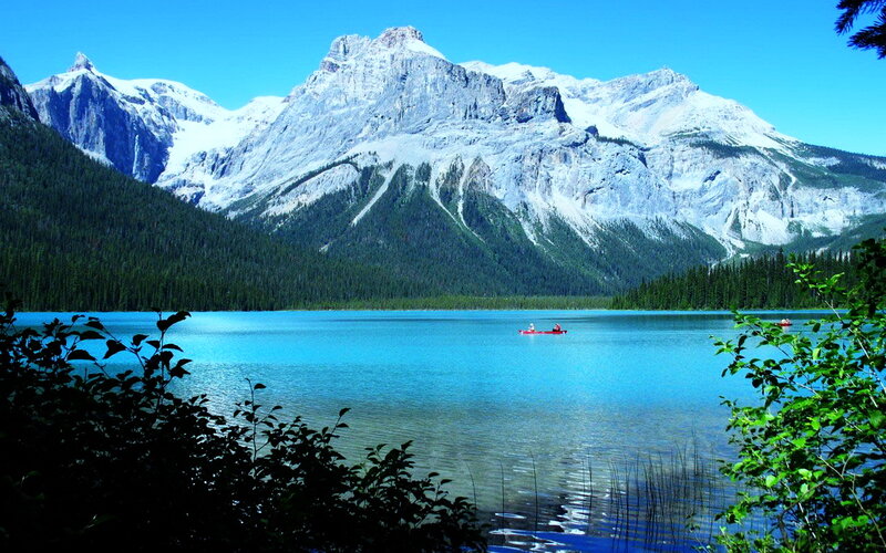 Red Canoe on Lake — Blue, Serene