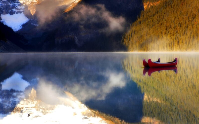 Red Canoe on Lake — Blue