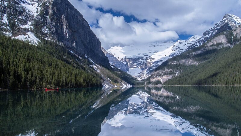 Red Canoe on Lake — Green, Serene, Afternoon, Photograph