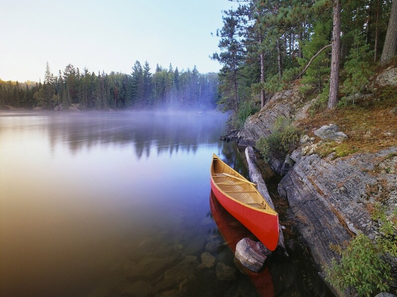 Red Canoe on Lake — Serene, Morning