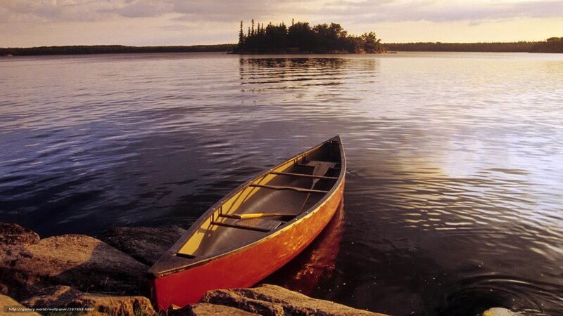 Red Canoe on Lake — Serene, Sunset, Photograph