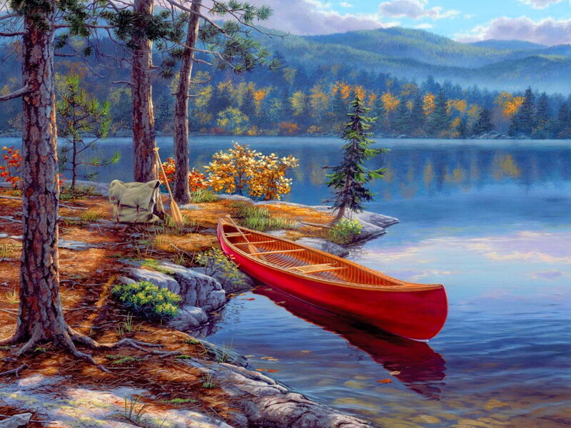Red Canoe on Lake Shore — Blue