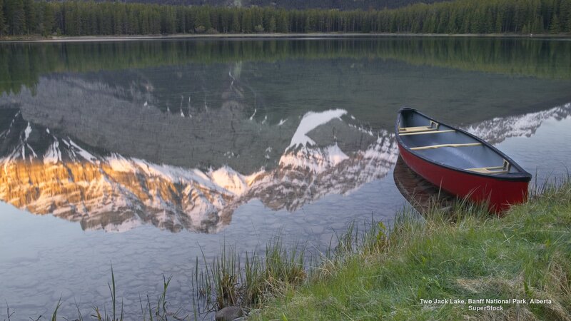 Red Canoe on Lake Shore — Green