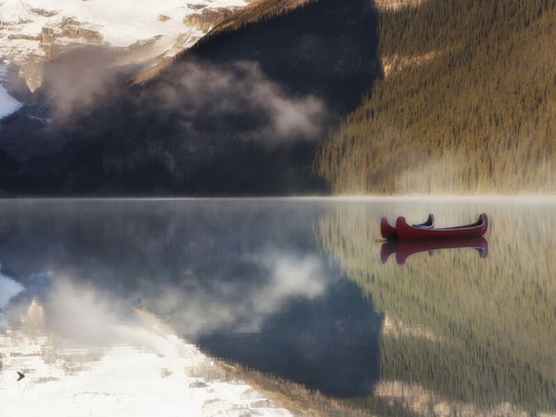 Red Canoe on Lake