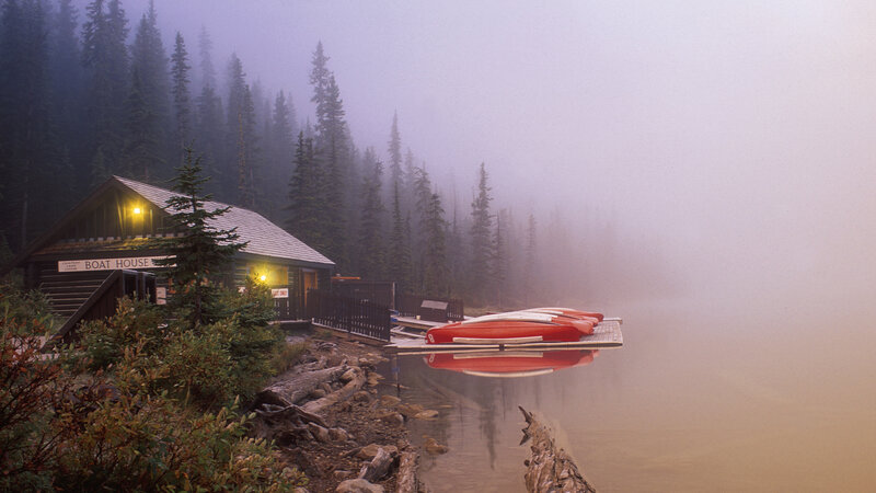Red Canoes on Dock — Gray, Misty