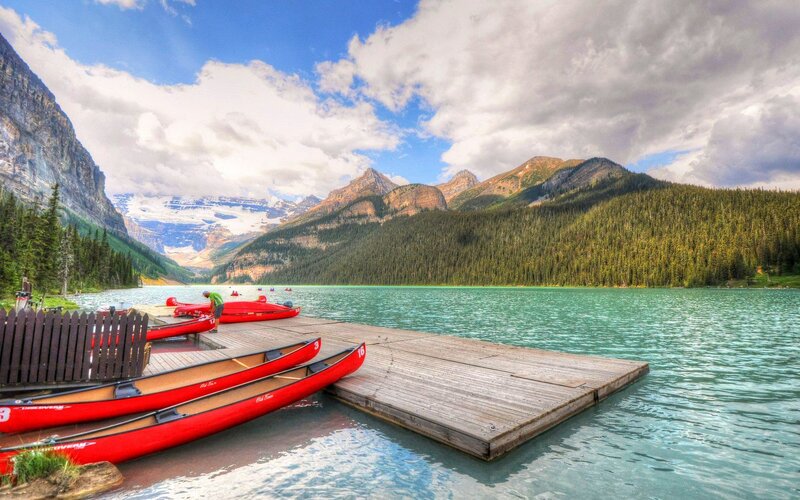 Red Canoes on Dock — Green