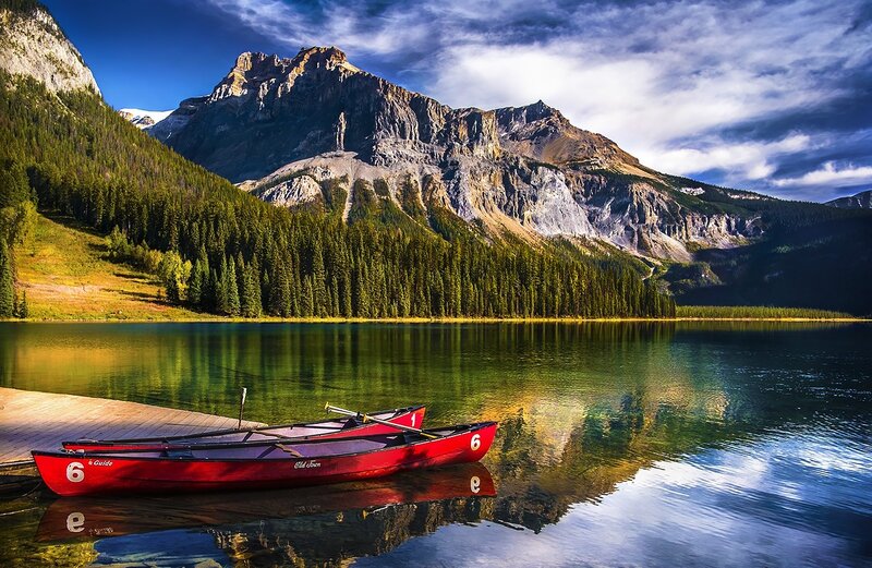 Red Canoes on Lake — Blue, Serene, Afternoon, Photograph, Mountain, Forest