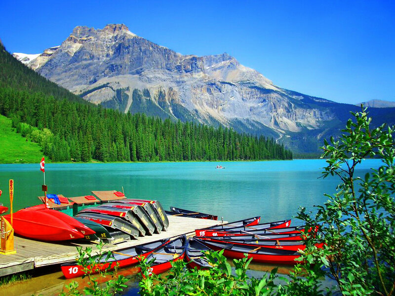 Red Canoes on Lake — Blue, Serene, Afternoon, Photograph, Mountain