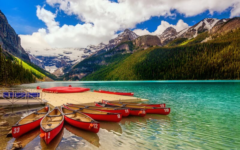 Red Canoes on Lake — Blue, Serene, Afternoon, Photograph, Mountains, Forest