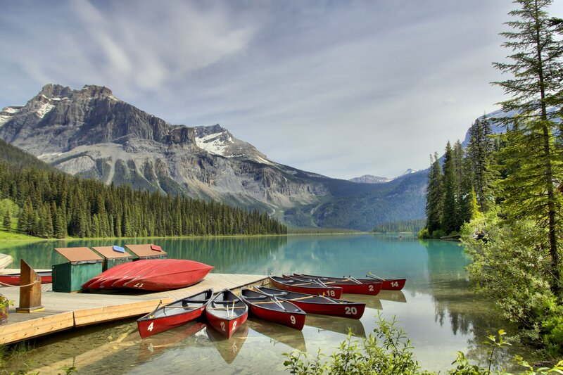 Red Canoes on Lake — Blue, Serene, Afternoon, Photograph, Mountains