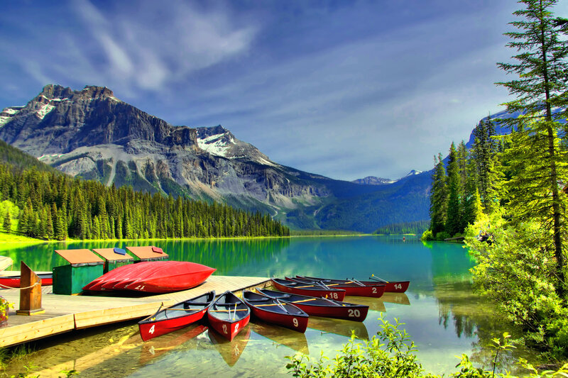 Red Canoes on Lake — Blue, Serene, Afternoon, Photograph
