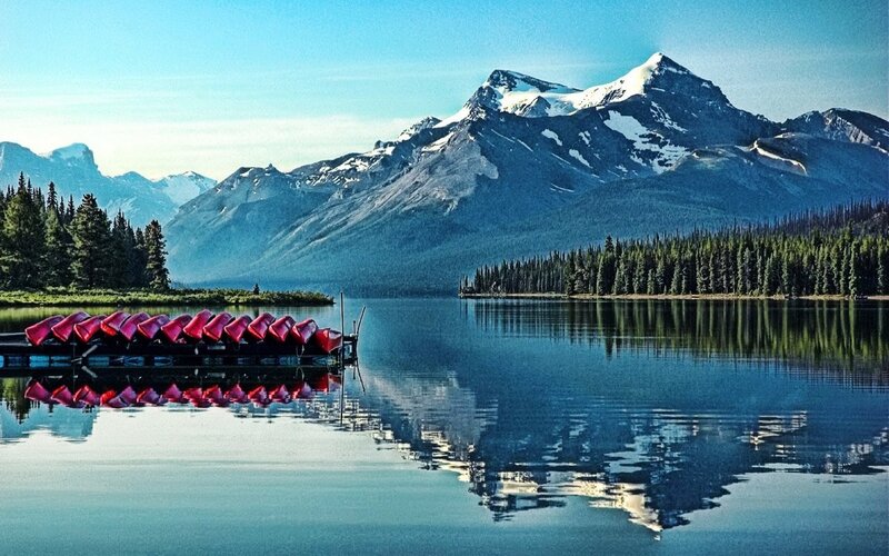Red Canoes on Lake — Blue, Serene, Morning, Photograph, Mountains