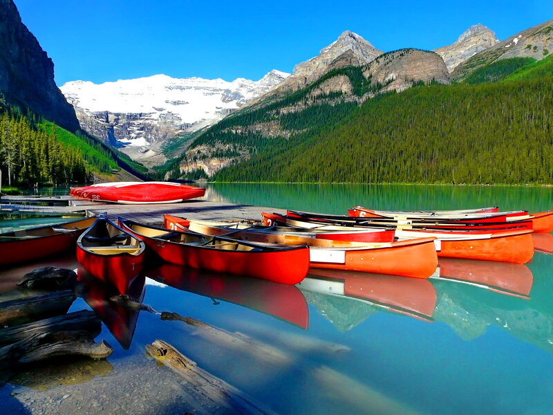 Red Canoes on Lake — Blue, Serene