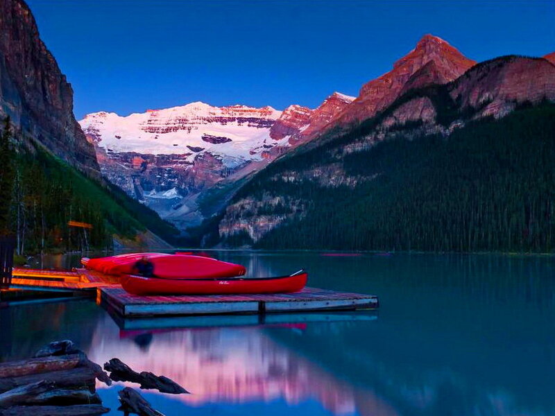 Red Canoes on Lake — Blue