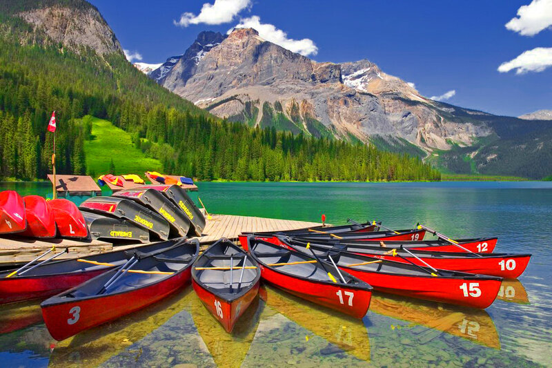 Red Canoes on Lake — Green, Serene