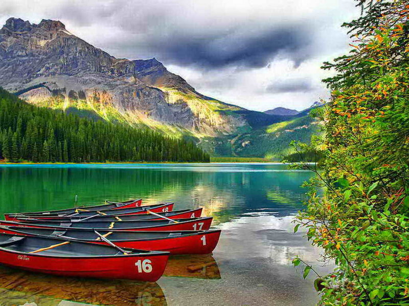Red Canoes on Lake — Green