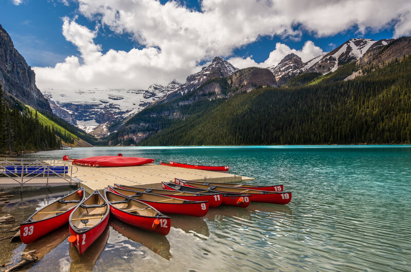 Red Canoes on Lake — Serene, Afternoon