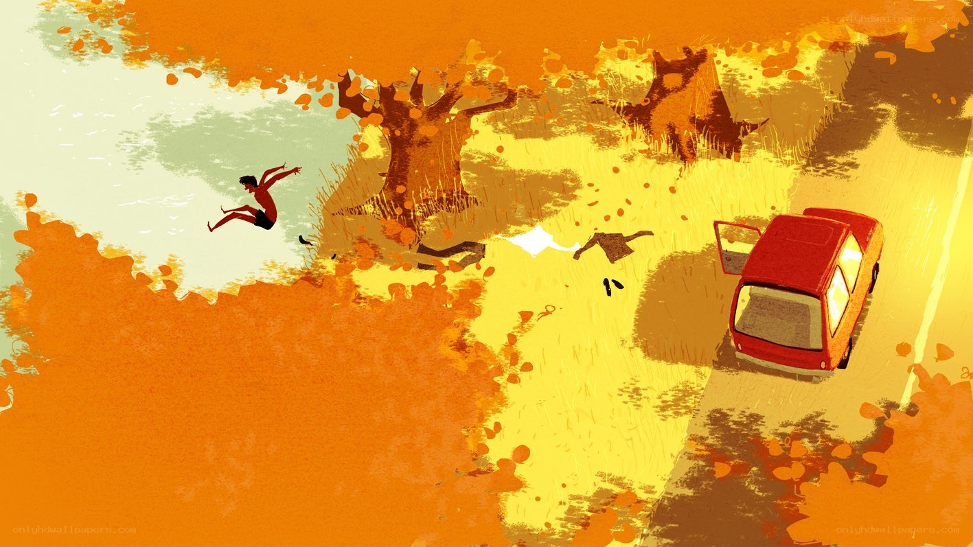 Red car and falling figures