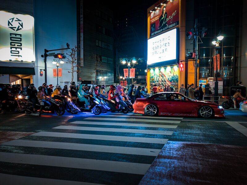 Red Car and Motorcycles