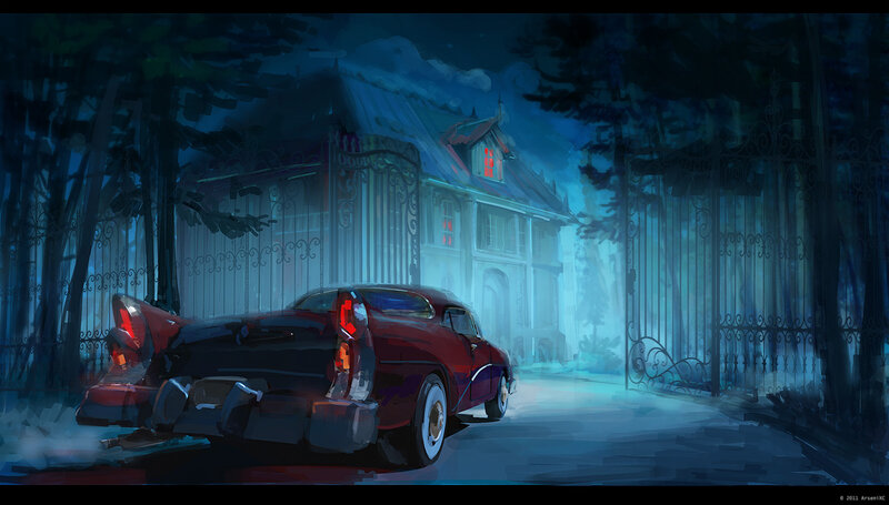 Red Car at Mansion Gate
