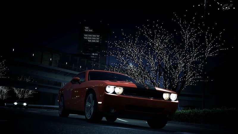 Red car at night with lights