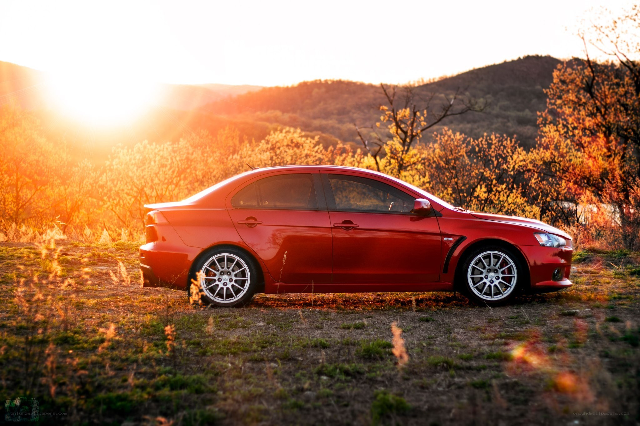 Red car at sunset in field