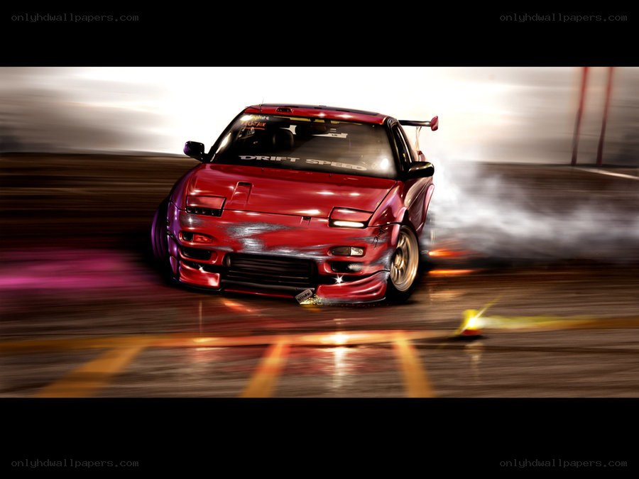 red car drifting at night