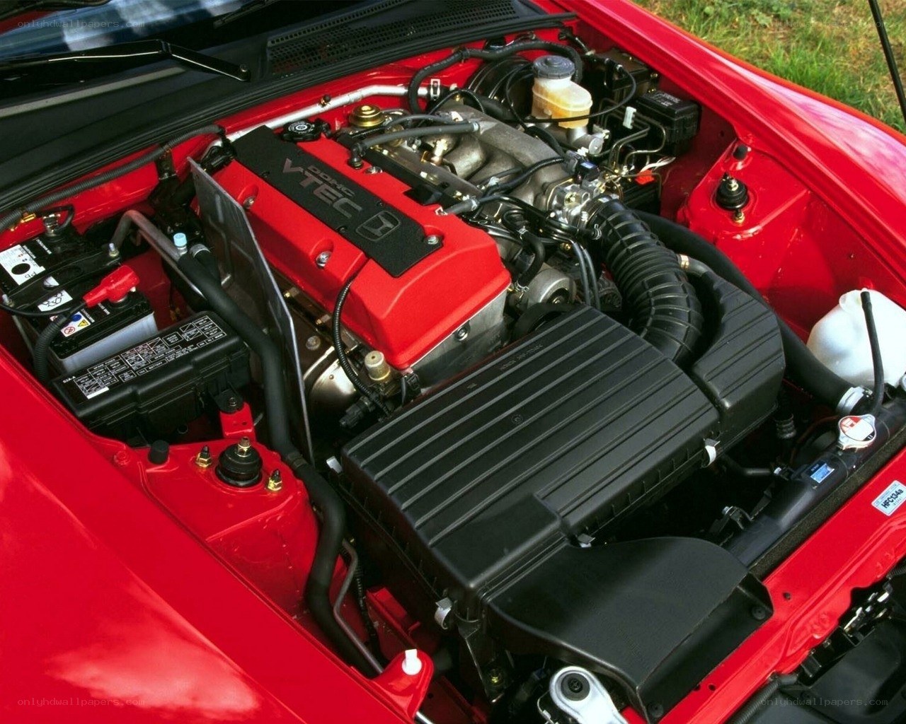 red car engine bay