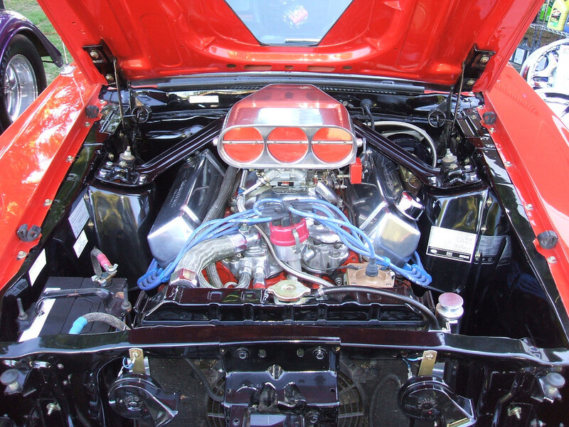 red car engine bay