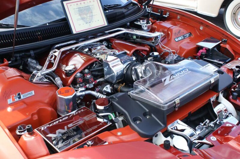 red car engine bay