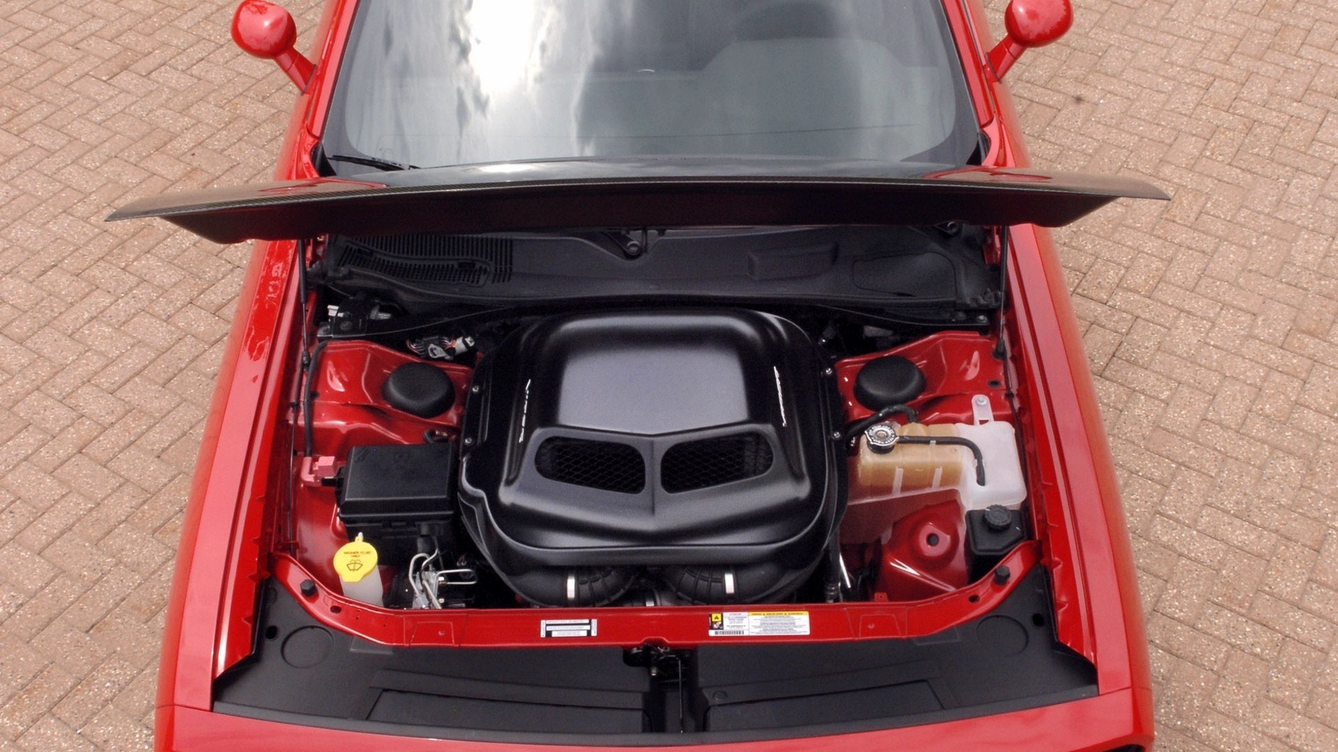 red car engine bay
