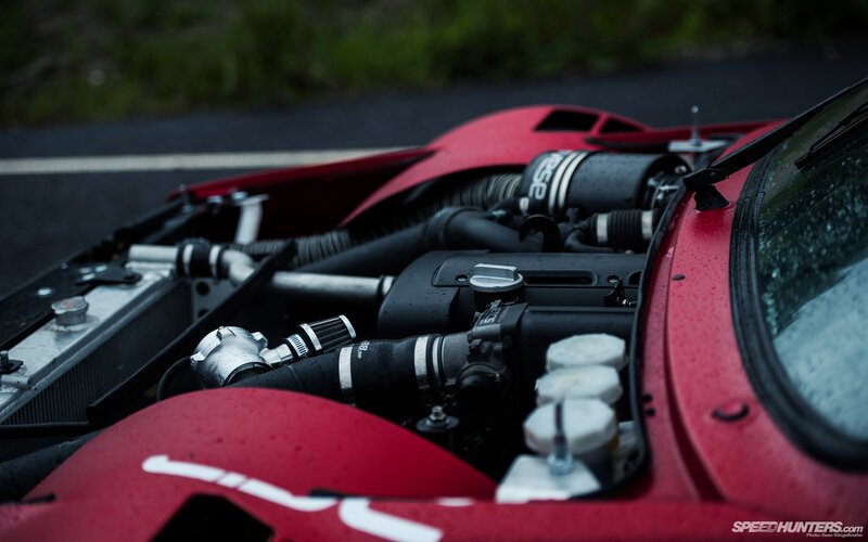 Red Car Engine Bay — Dramatic, Photograph, Radiator