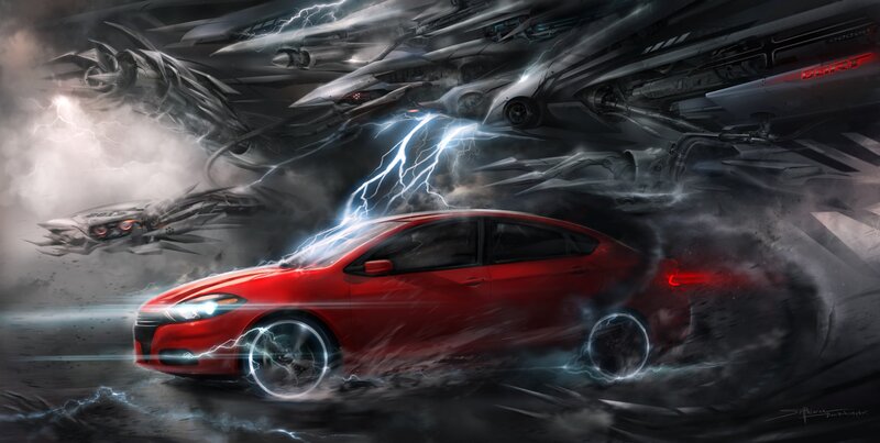 Red car in a storm of machines
