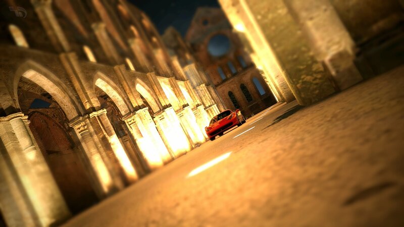 Red car in ancient ruins