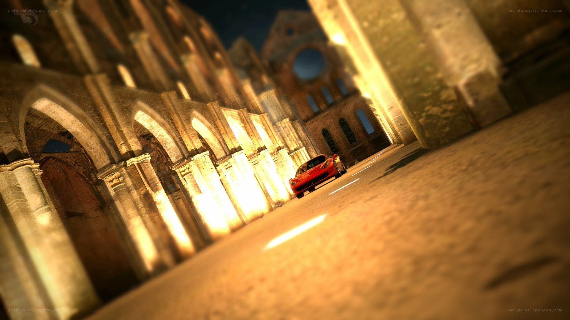 Red car in ancient ruins