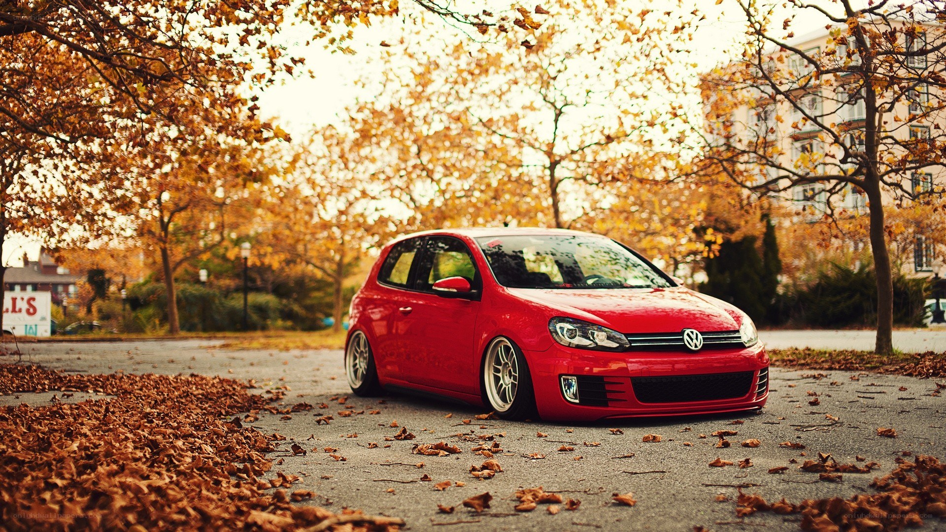 Red car in autumn leaves
