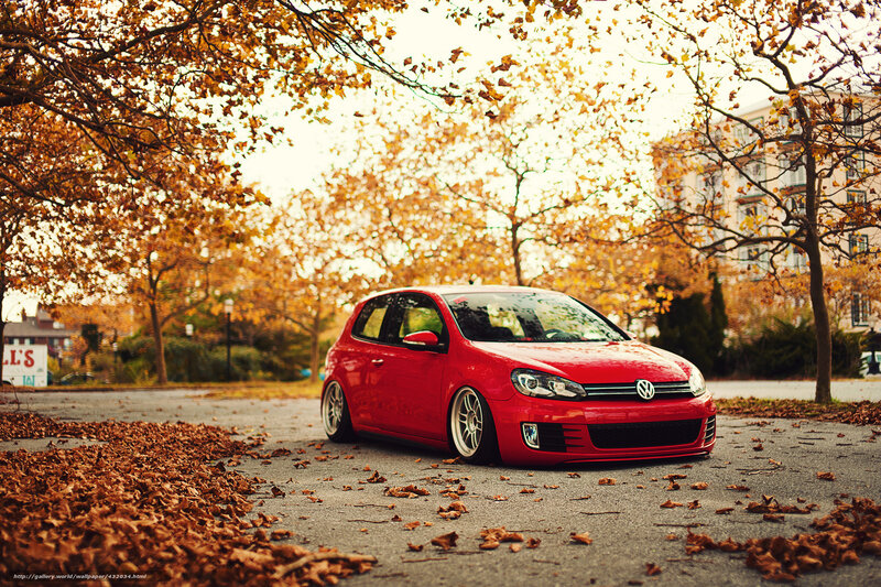 Red car in autumn leaves