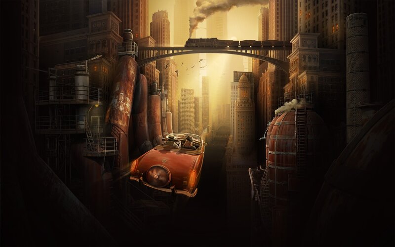 Red Car in City — Brown