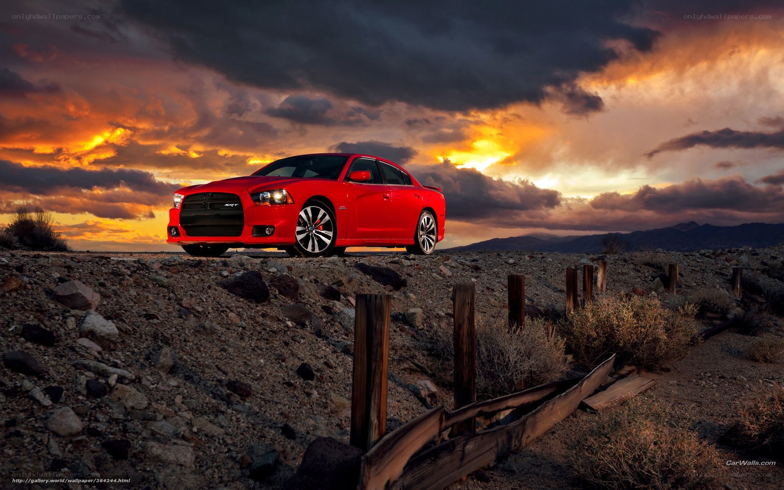 Red car in desert sunset