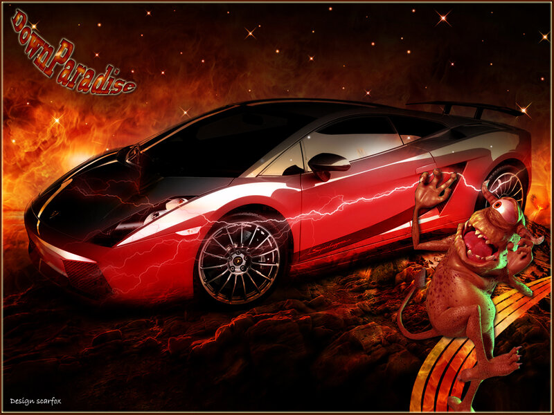 Red car in fiery landscape