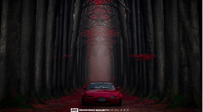Red Car in Forest — Dramatic, Autumn