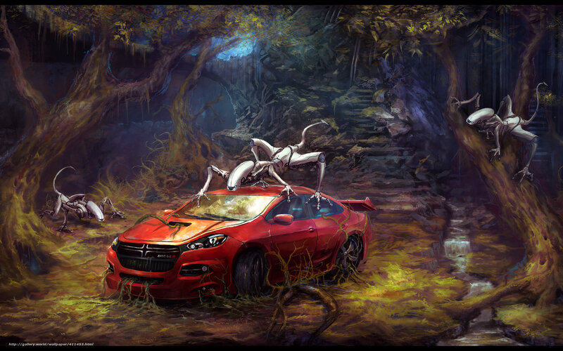 Red Car in Forest — Dramatic, Night, Digital Art, Alien Creatures