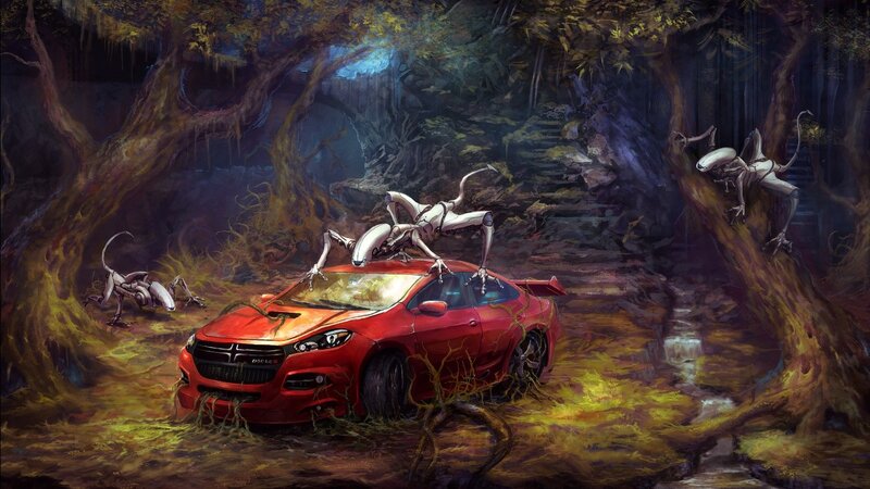 Red Car in Forest — Dramatic, Night, Digital Art, Alien Creatures, Trees